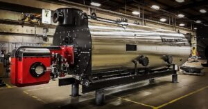 Industrial boiler in a large factory setting.