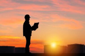 Silhouette of worker at sunset, holding plans.