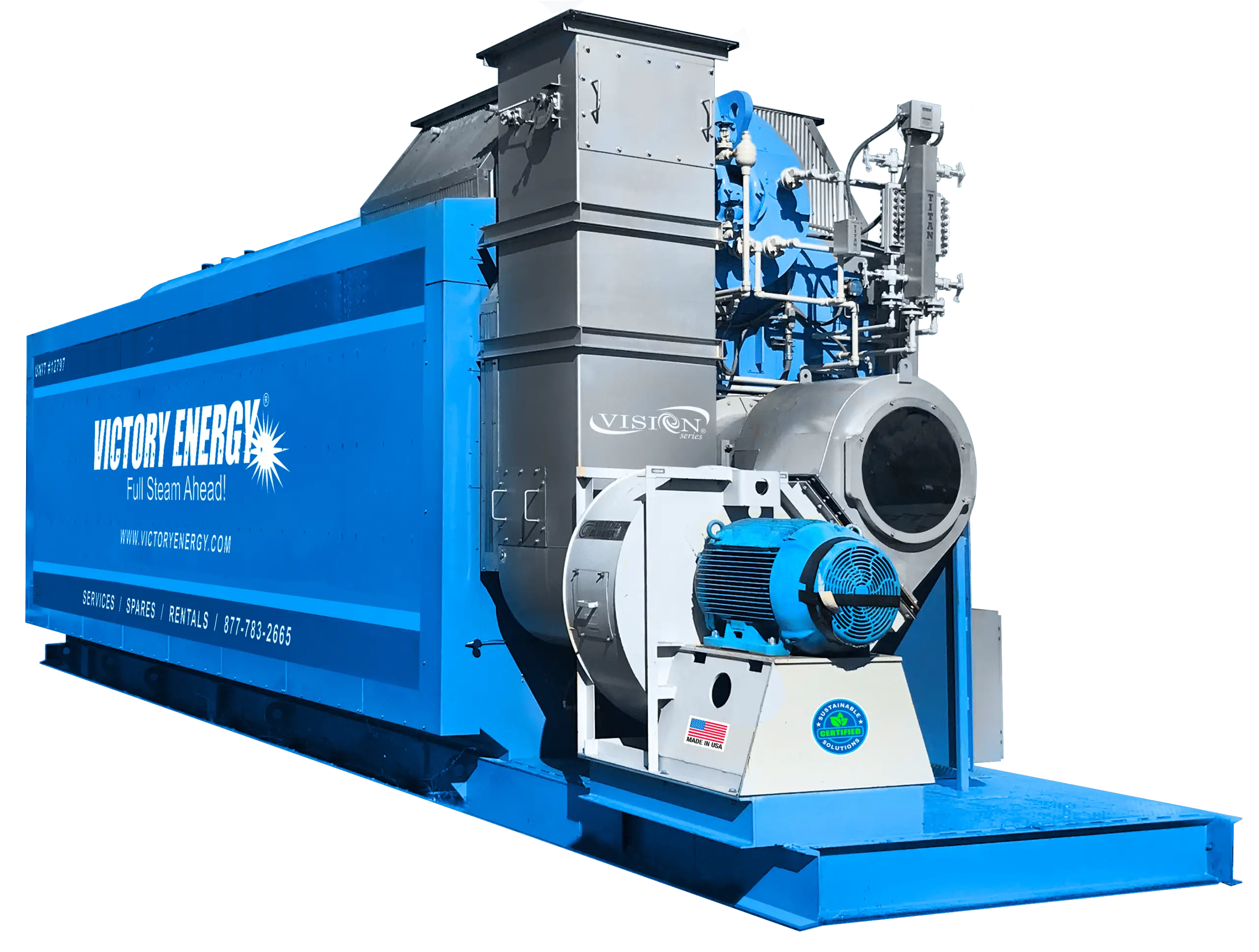 Industrial blue and gray machine with pipes and large motor.