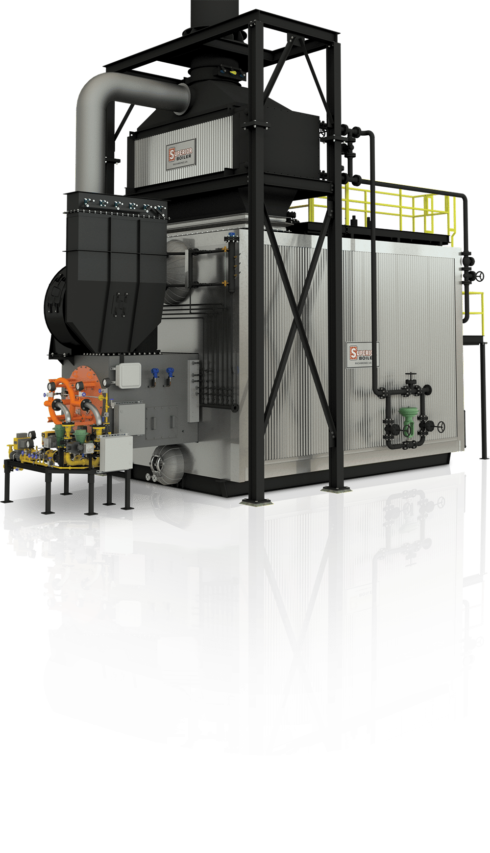 Industrial steam boiler with burner and piping